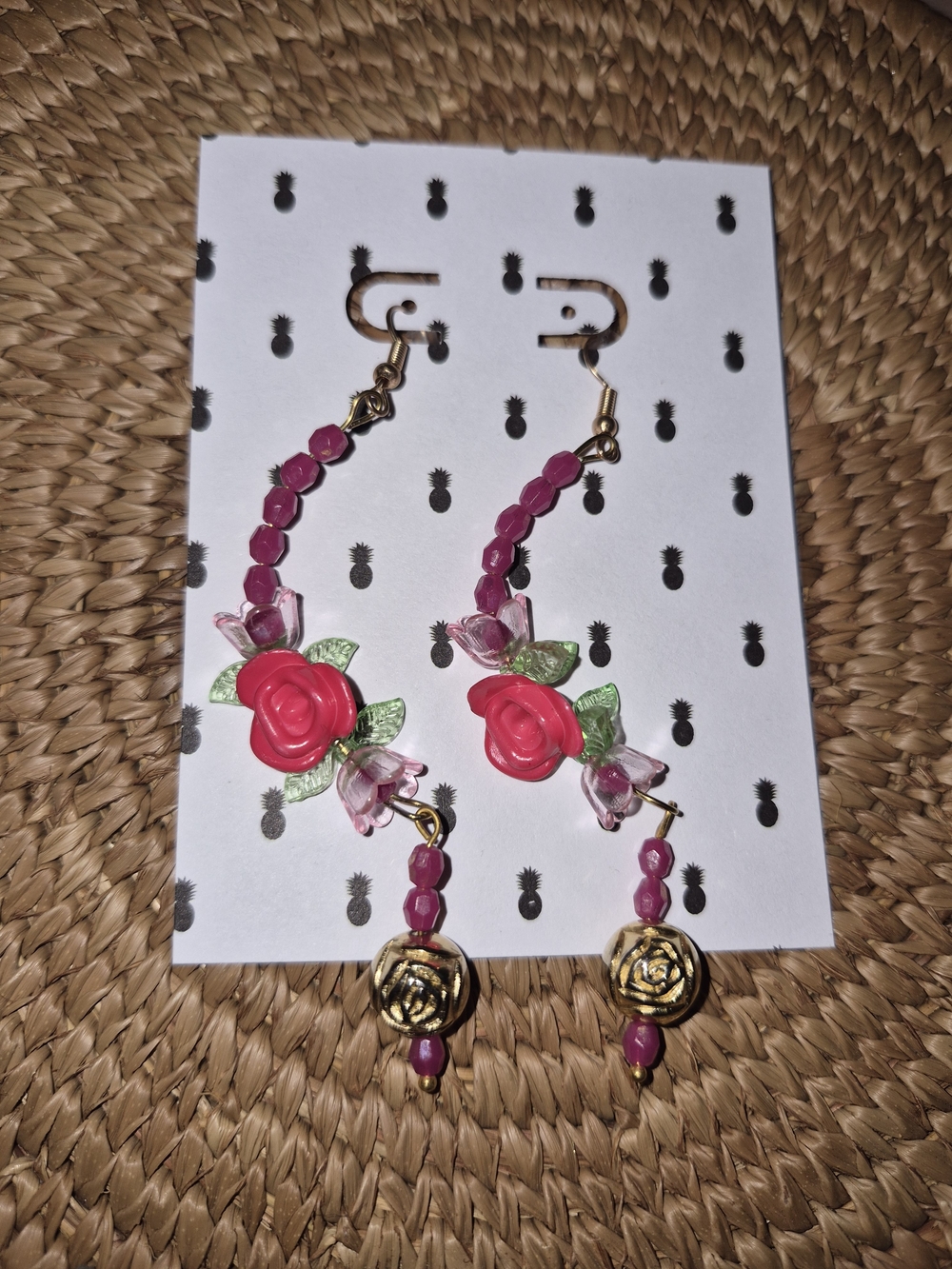Pink Rose Dangle Earrings - Gold Accent